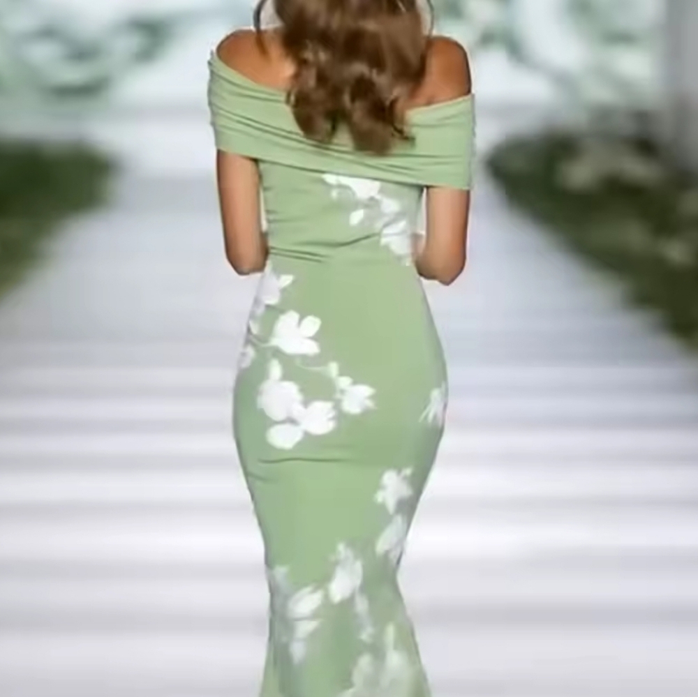 Sexy Off Shoulder Kink Draped Party Dress Woman Spring Floral Print Slim Lo - Picture 2 of 4